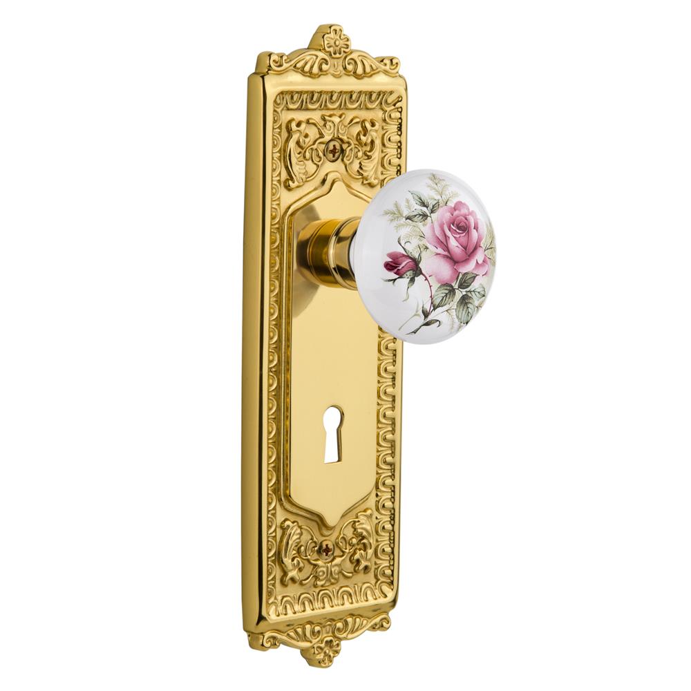 Nostalgic Warehouse EADROS Mortise Egg and Dart Plate with Rose Porcelain Knob with Keyhole in Polished Brass